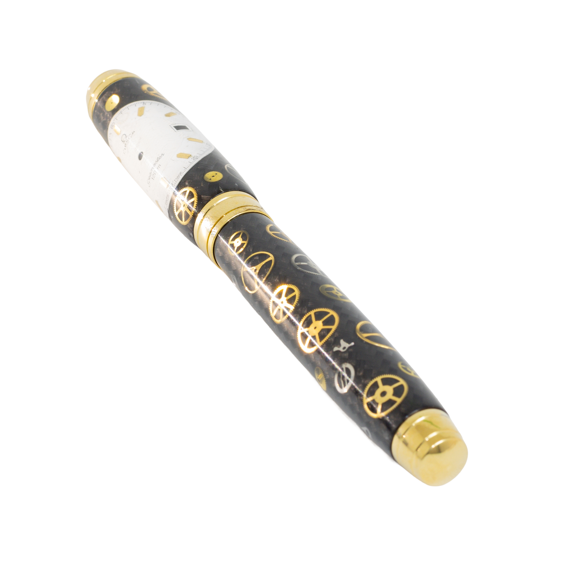 Omega Watch Parts Pen on Black Carbon Fiber on our Gold Titanium Marquis Rollerball Pen
