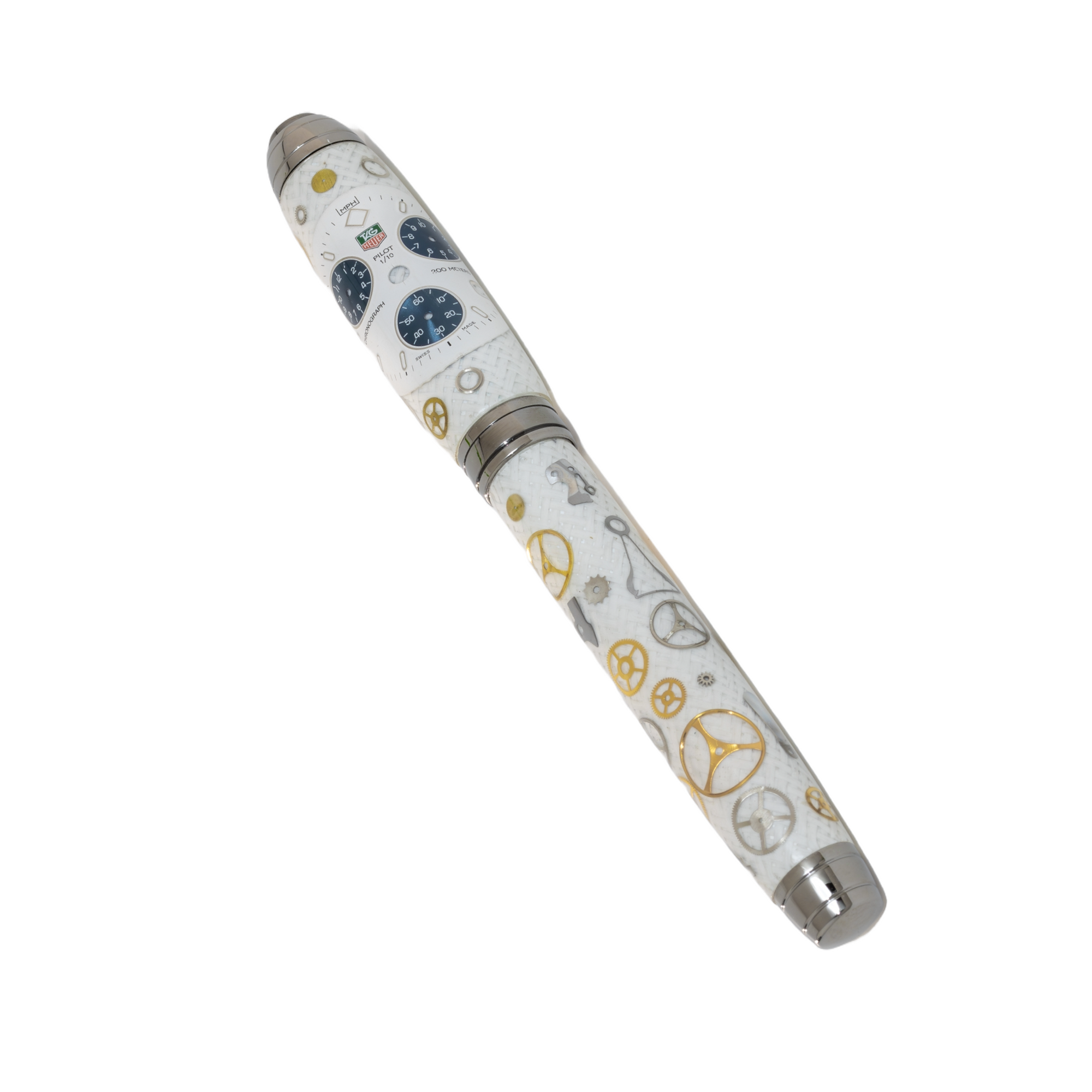 Tag Heuer Watch Parts Pen on White Carbon Fiber on our Marquis Rollerball Pen