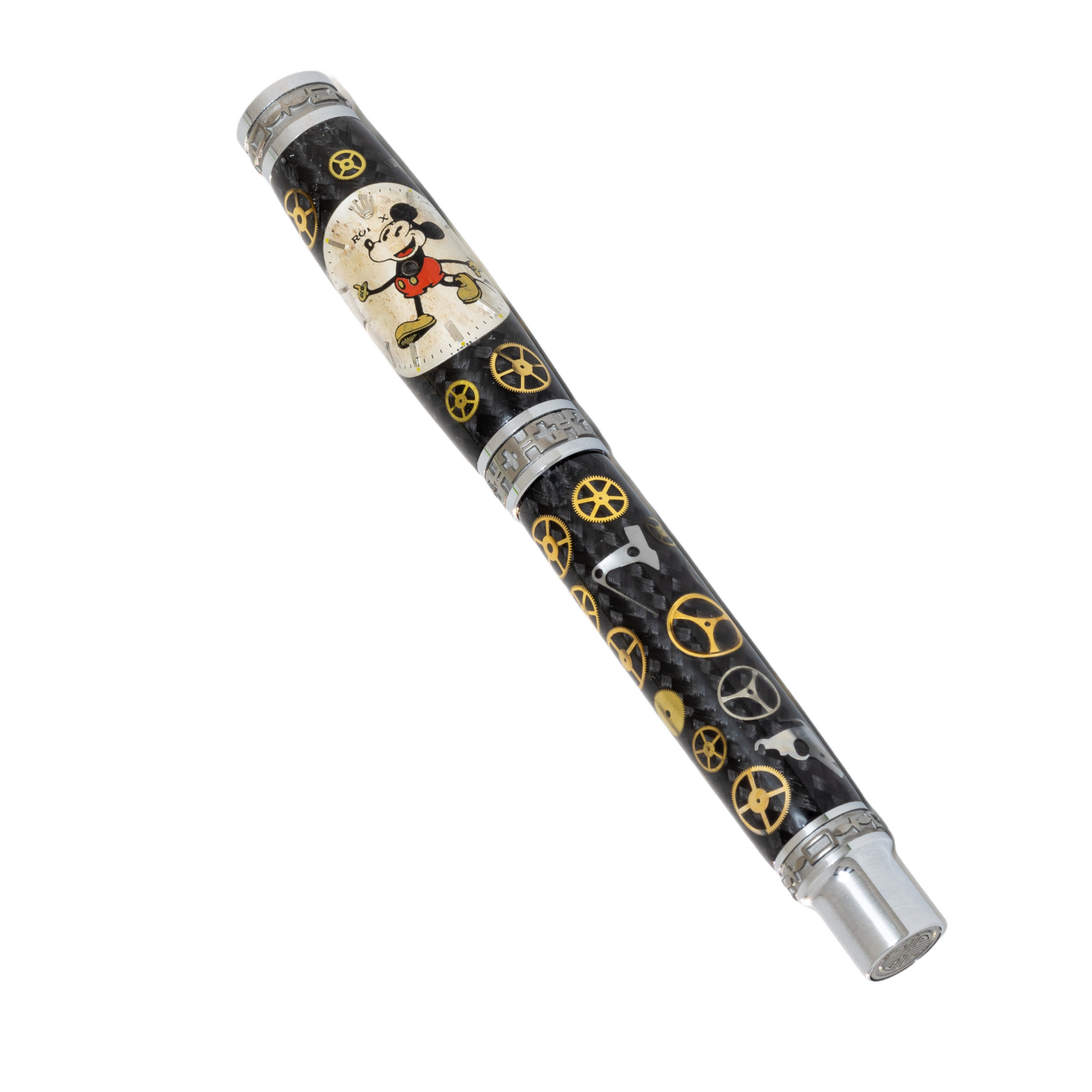 Rolex Mickey Watch Parts Pen on Black Carbon Fiber on our Presidential Rollerball Pen