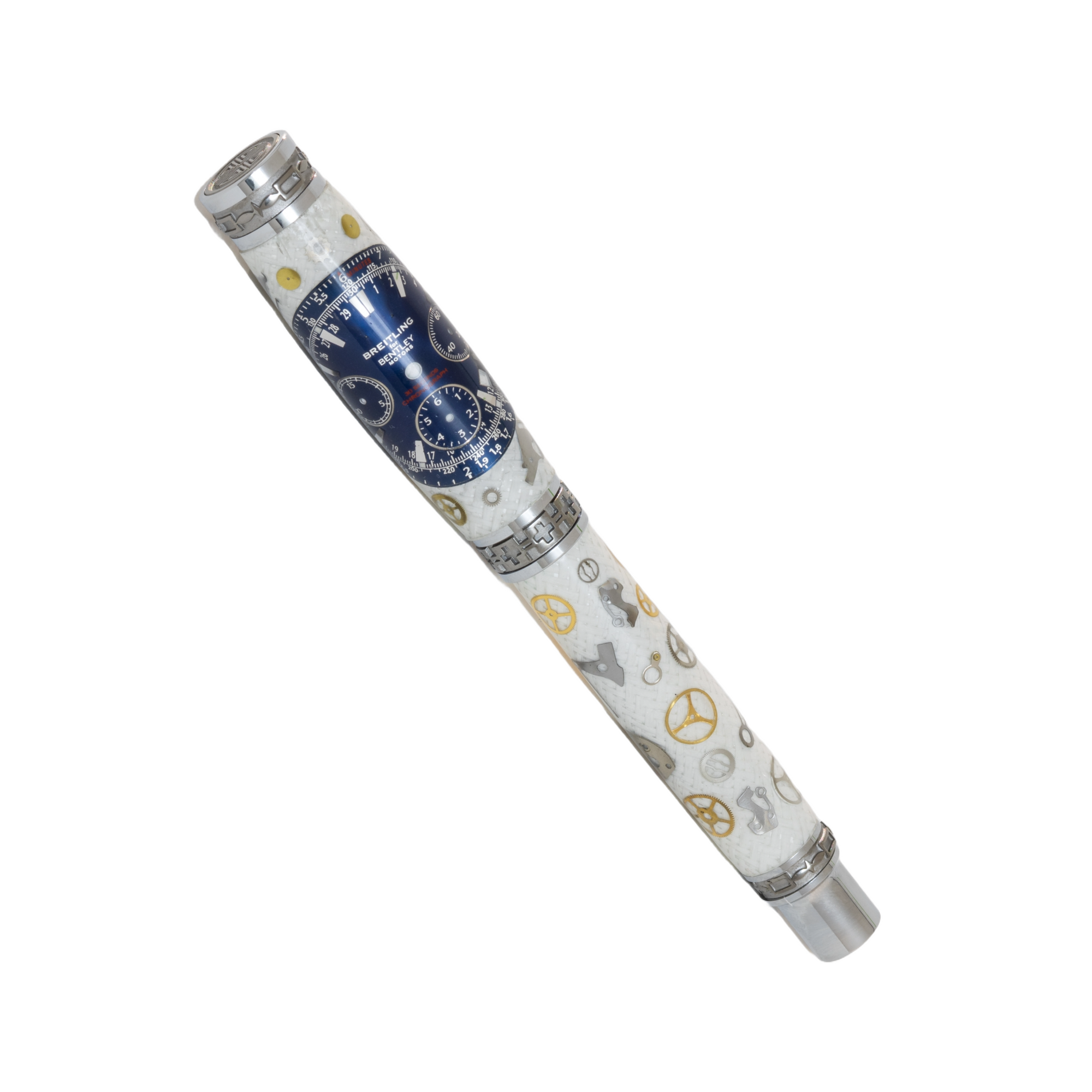 Blue Breitling Dial Watch Parts Pen on White Carbon Fiber on our Presidential Rollerball Pen
