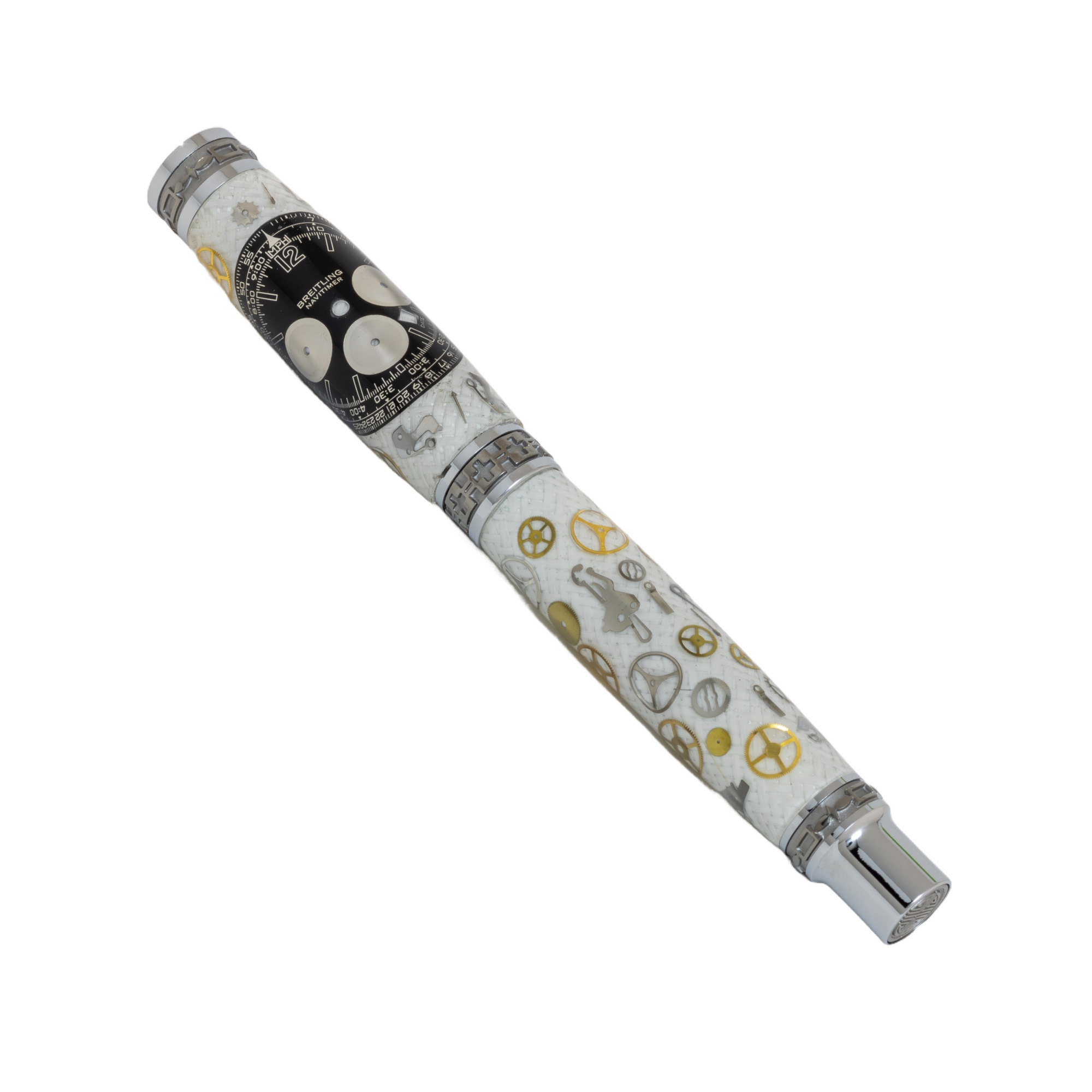 Black Breitling Navitimer Dial Watch Parts Pen on White Carbon Fiber on our Presidential Rollerball Pen