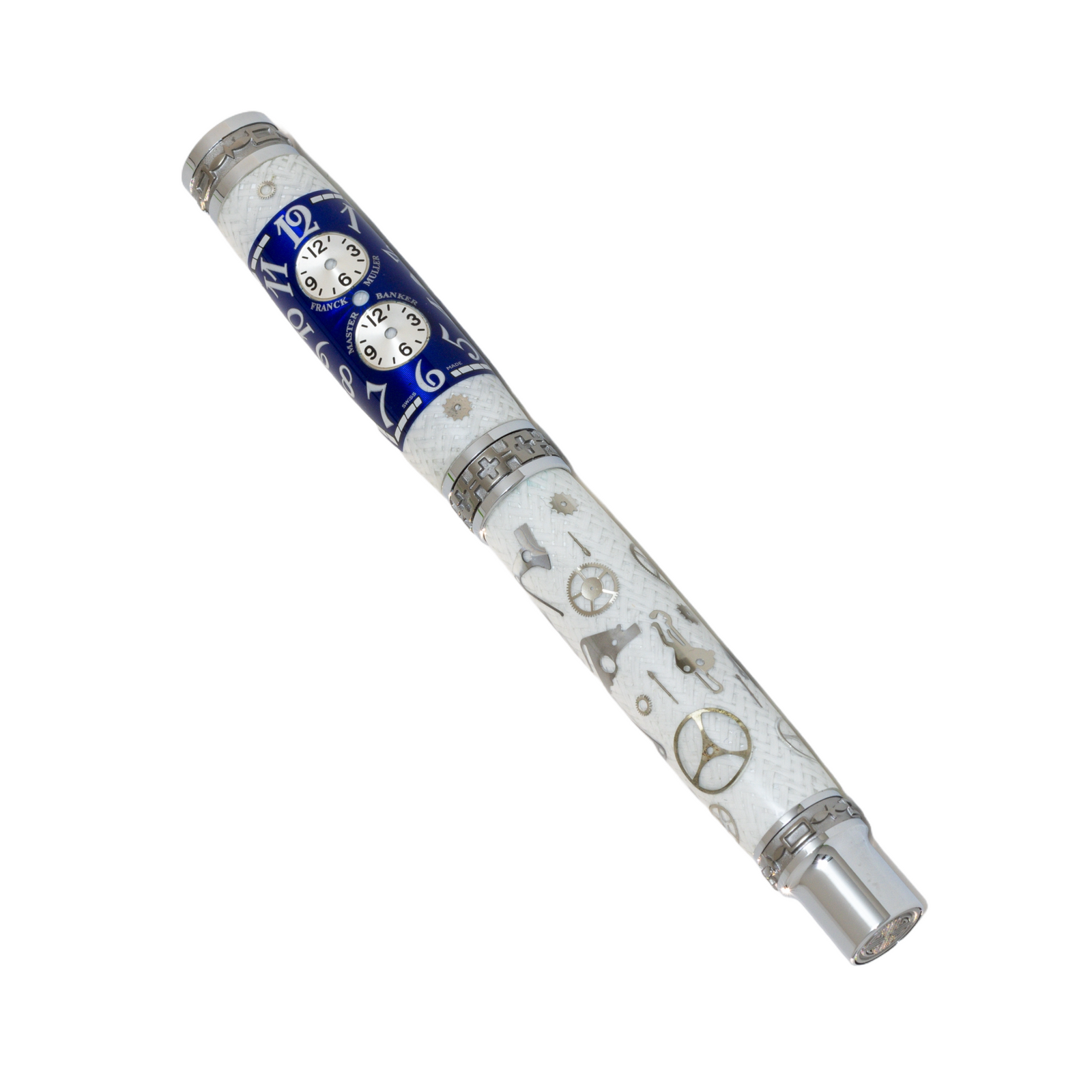 Blue Franck Muller Master Banker Dial Watch Parts Pen on White Carbon Fiber on our Presidential Rollerball Pen
