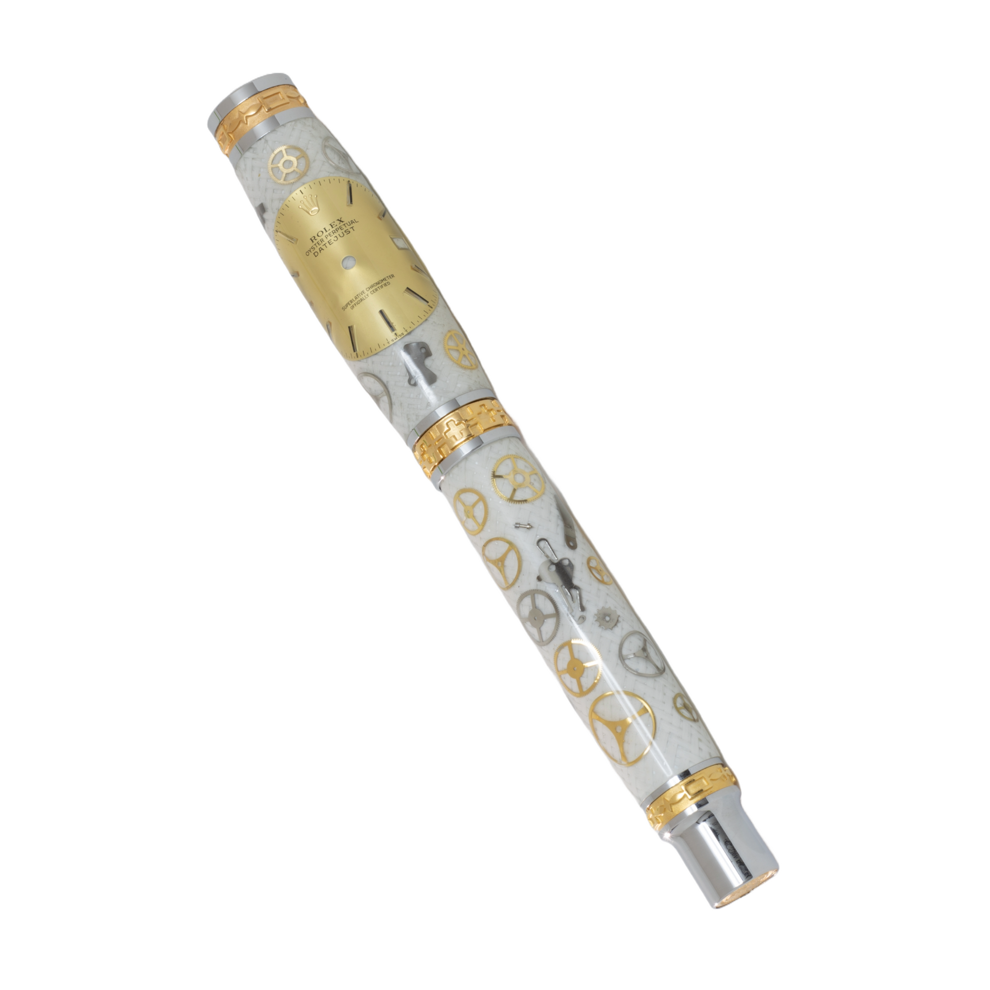 Rolex Watch Parts Pen on White Carbon Fiber on our Presidential Rollerball Pen
