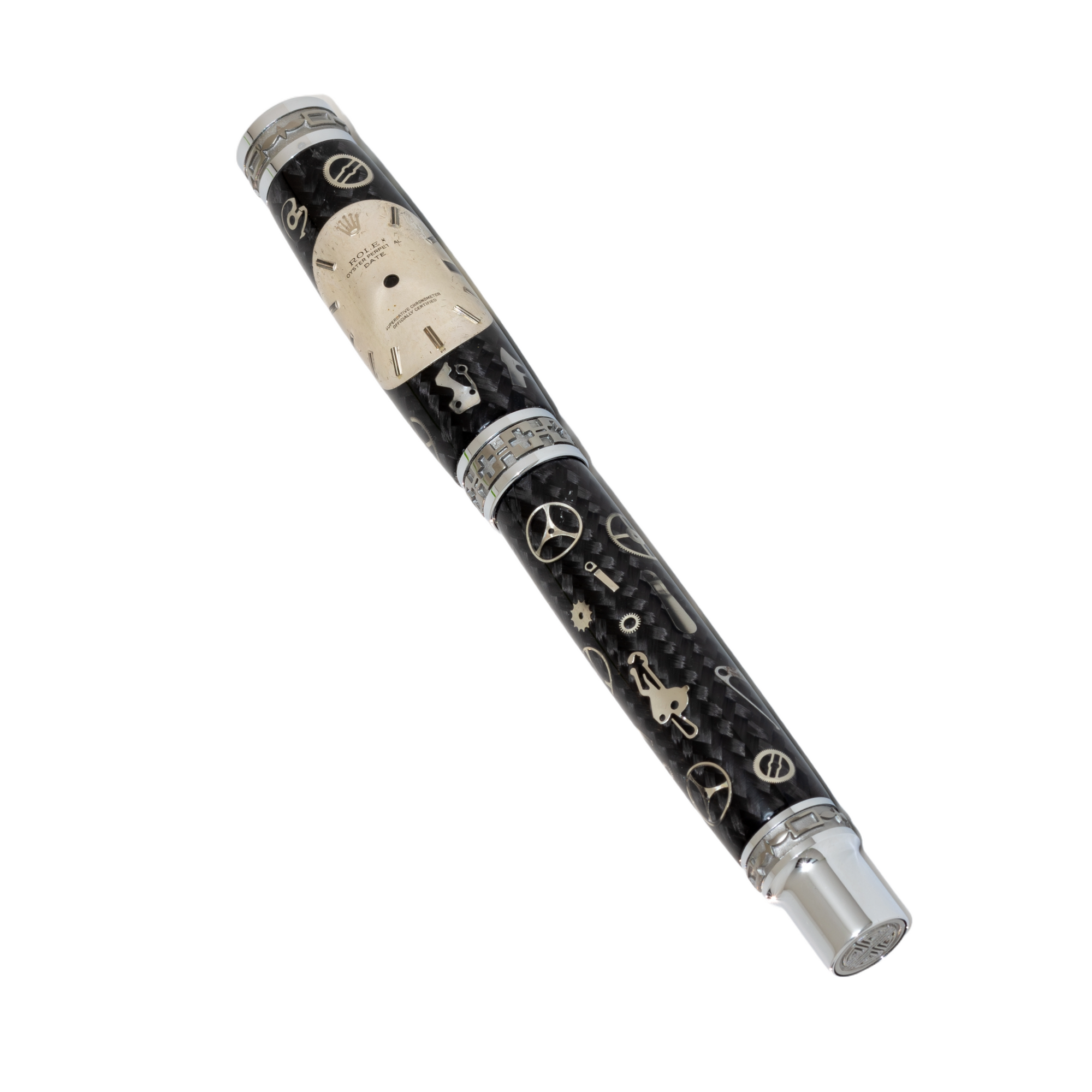 Silver Rolex Dial Watch Parts Pen on Black Carbon Fiber on our Presidential Rollerball Pen