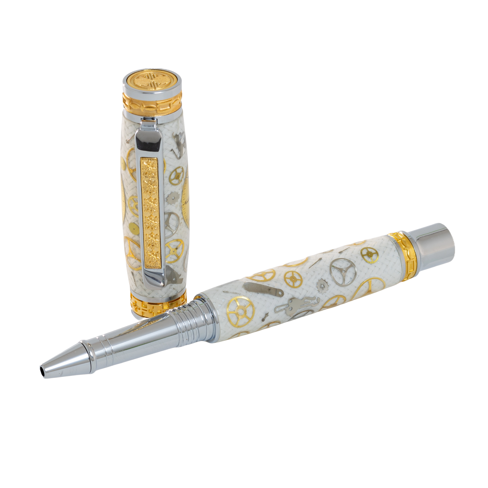 Rolex Watch Parts Pen on White Carbon Fiber on our Presidential Rollerball Pen