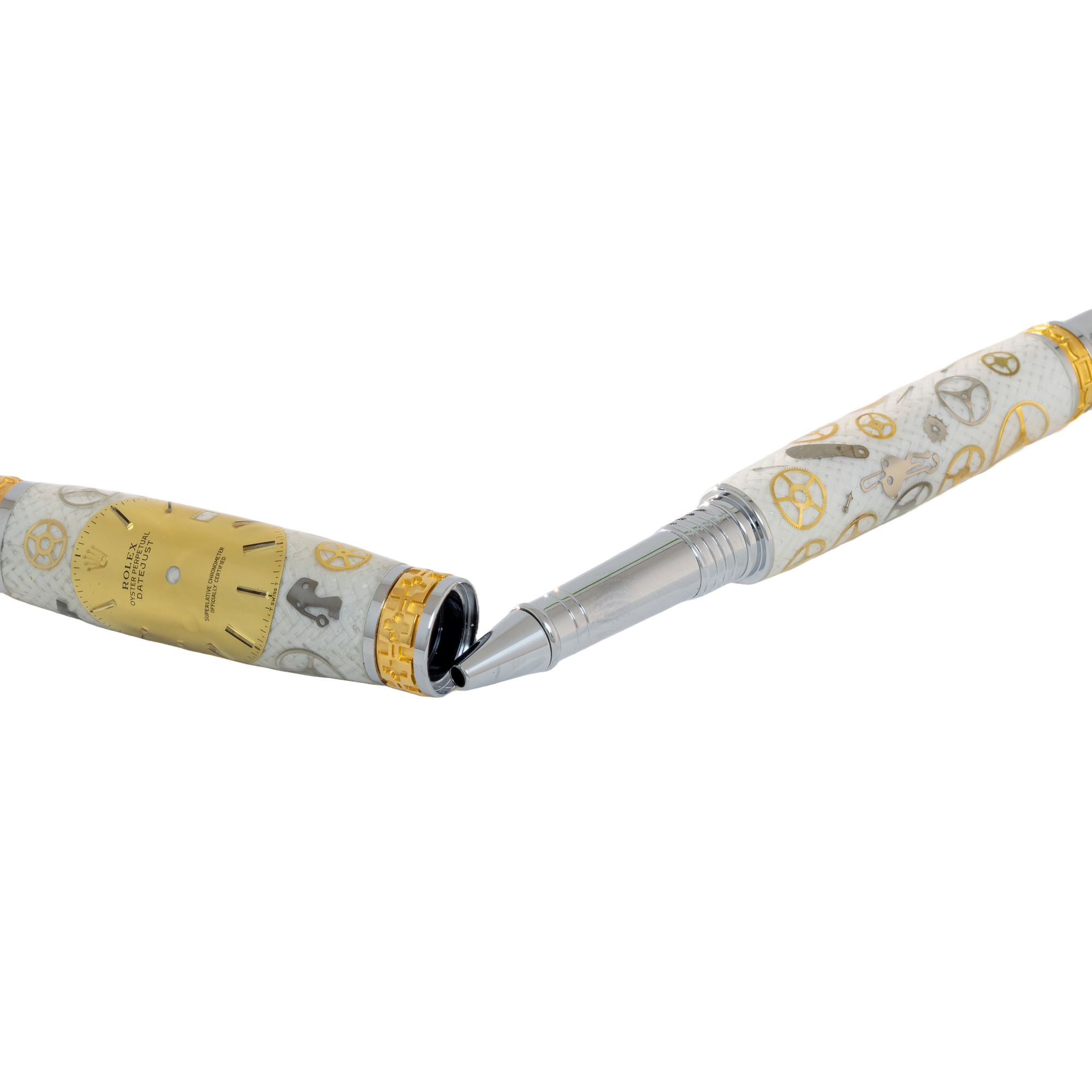 Rolex Watch Parts Pen on White Carbon Fiber on our Presidential Rollerball Pen