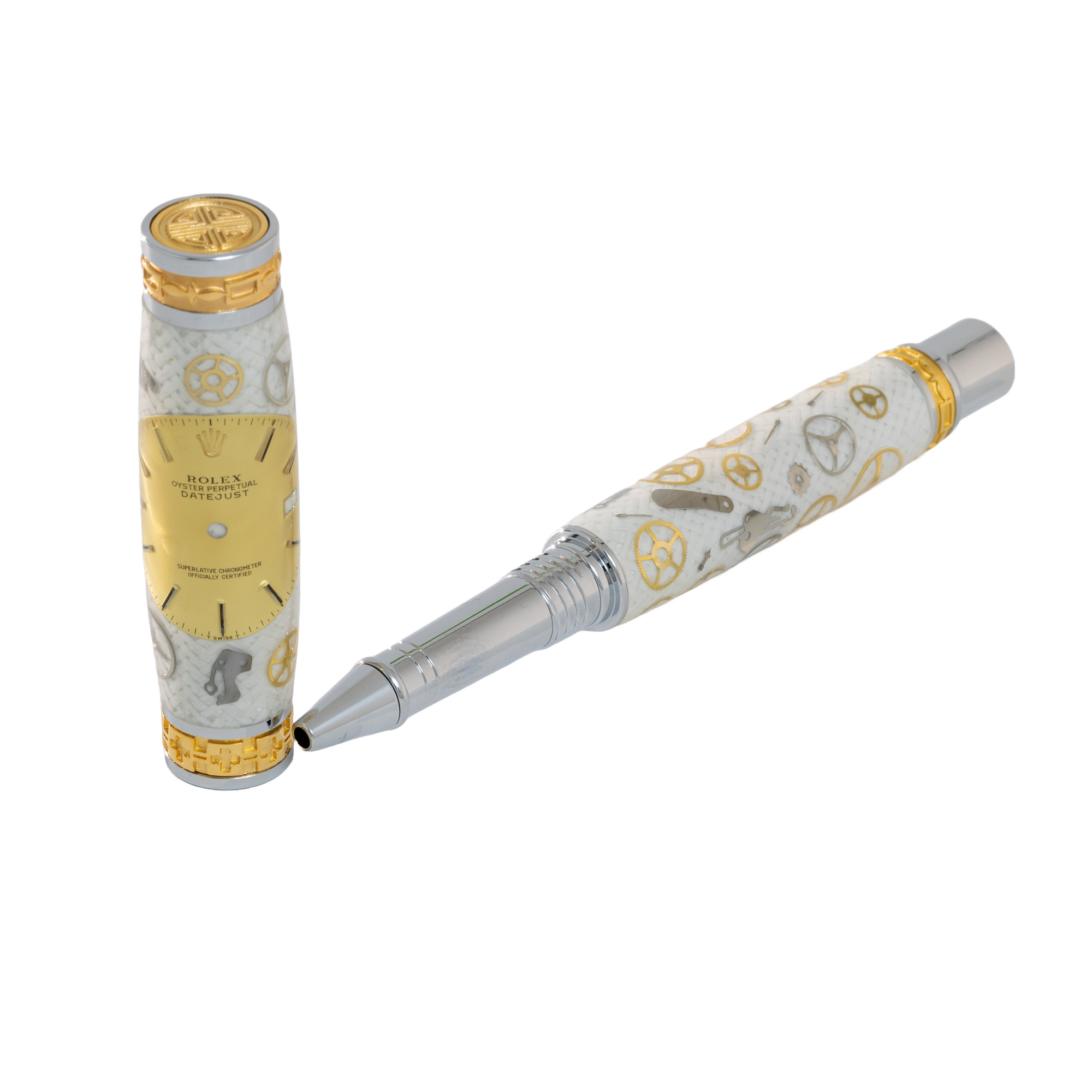 Rolex Watch Parts Pen on White Carbon Fiber on our Presidential Rollerball Pen