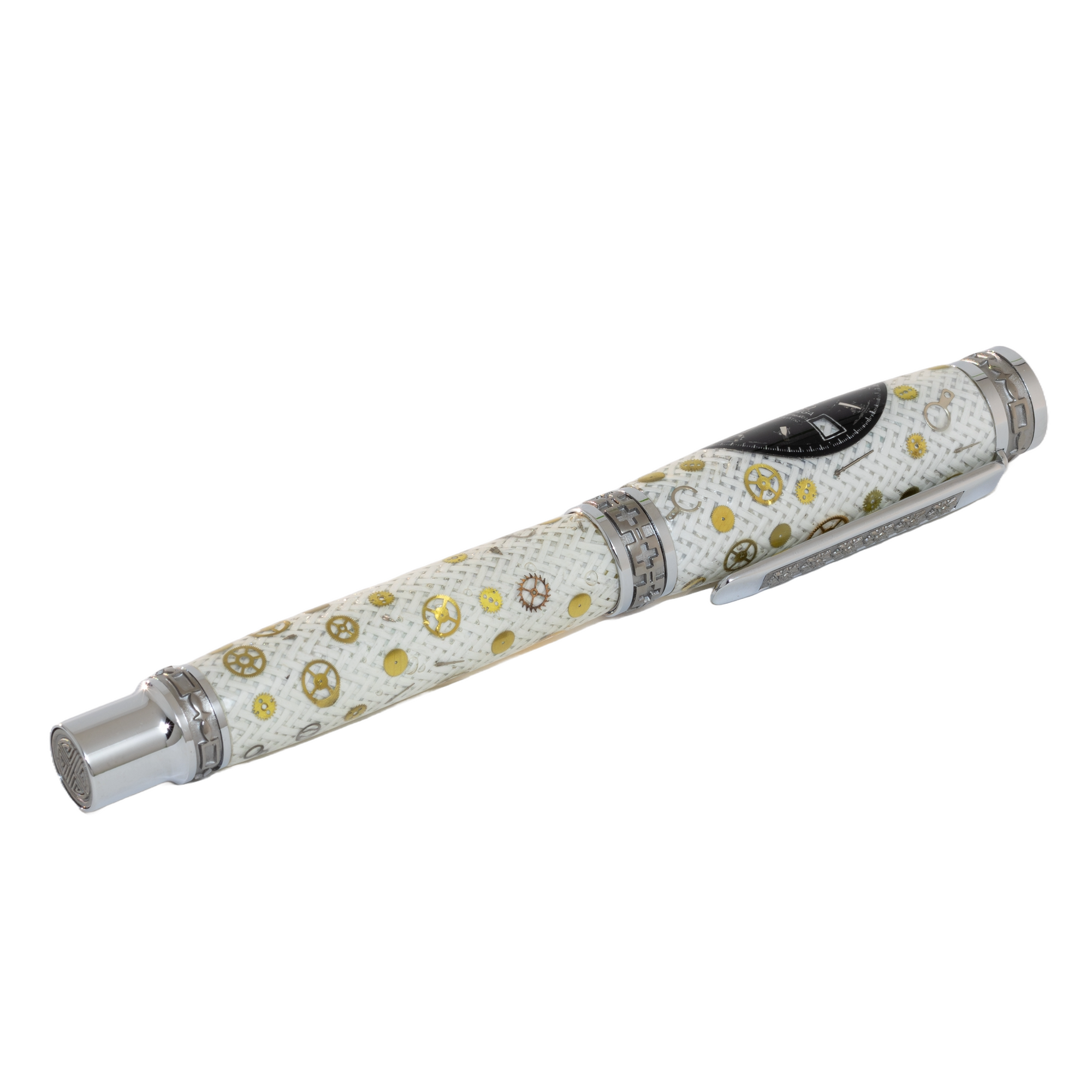 Black Omega Dial Watch Parts Pen on White Carbon Fiber on our Presidential Rollerball Pen