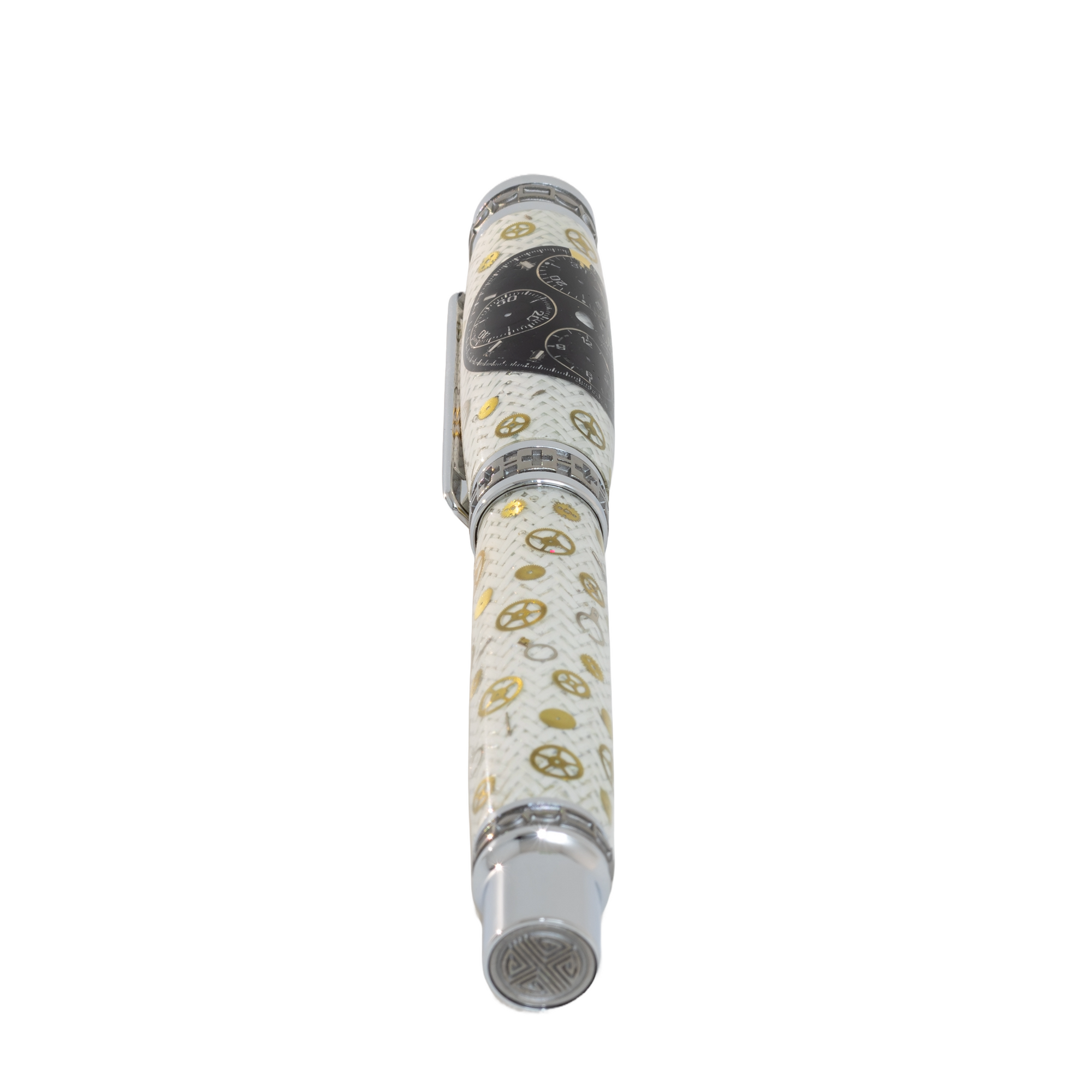 Black Omega Dial Watch Parts Pen on White Carbon Fiber on our Presidential Rollerball Pen