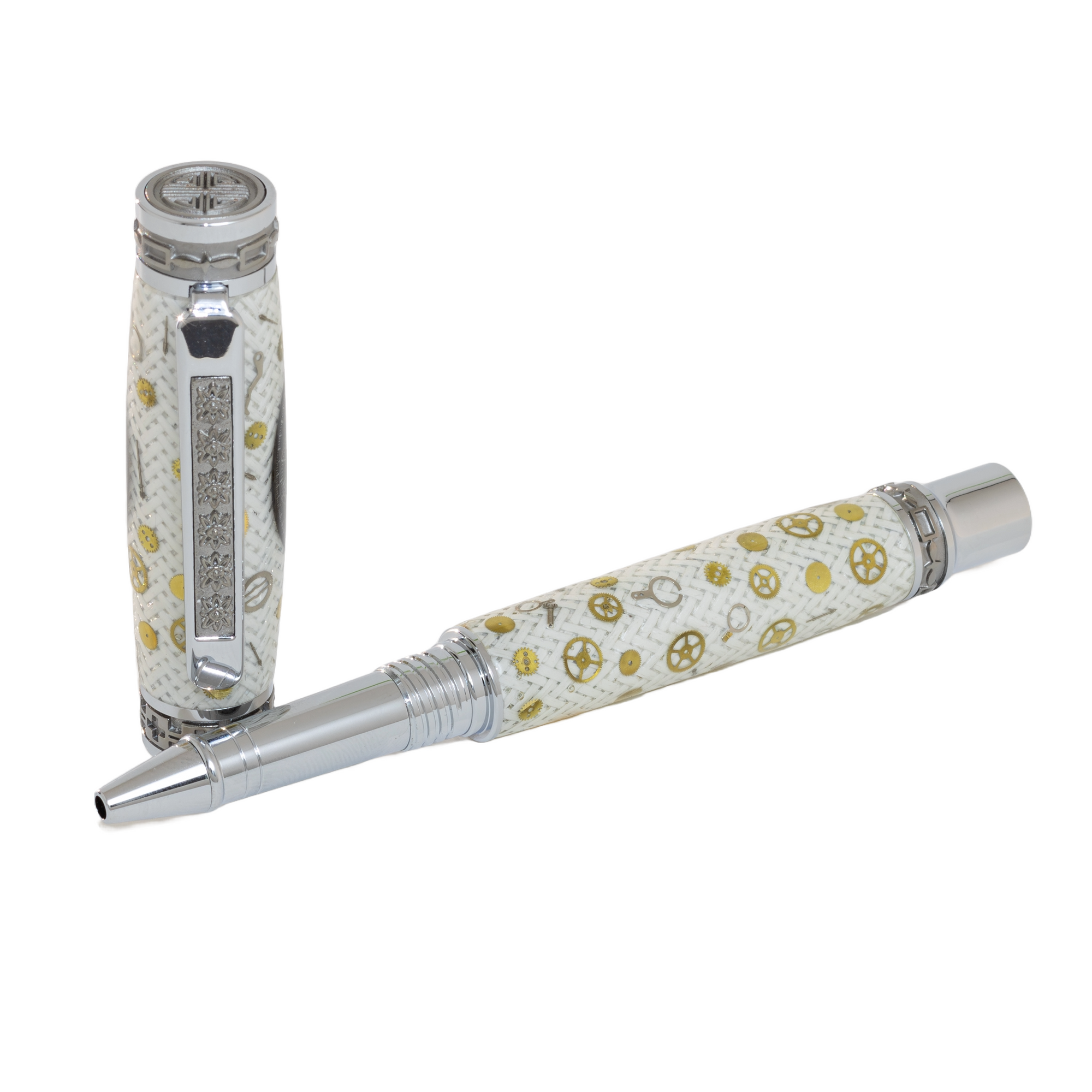 Black Omega Dial Watch Parts Pen on White Carbon Fiber on our Presidential Rollerball Pen