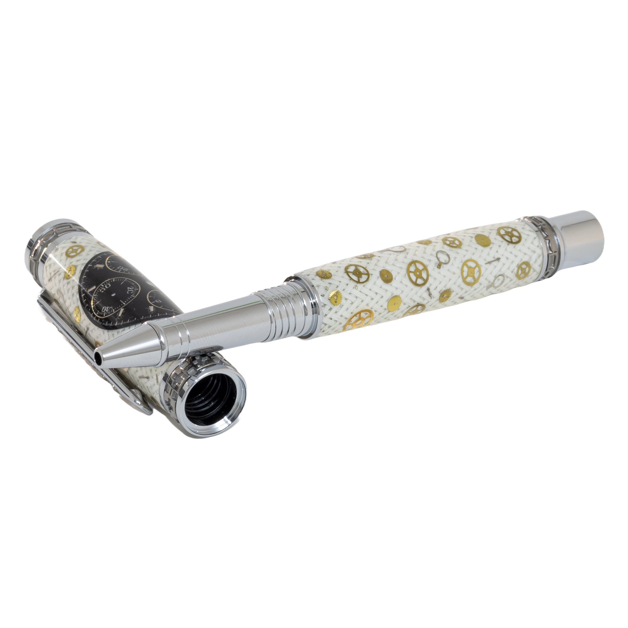 Black Omega Dial Watch Parts Pen on White Carbon Fiber on our Presidential Rollerball Pen