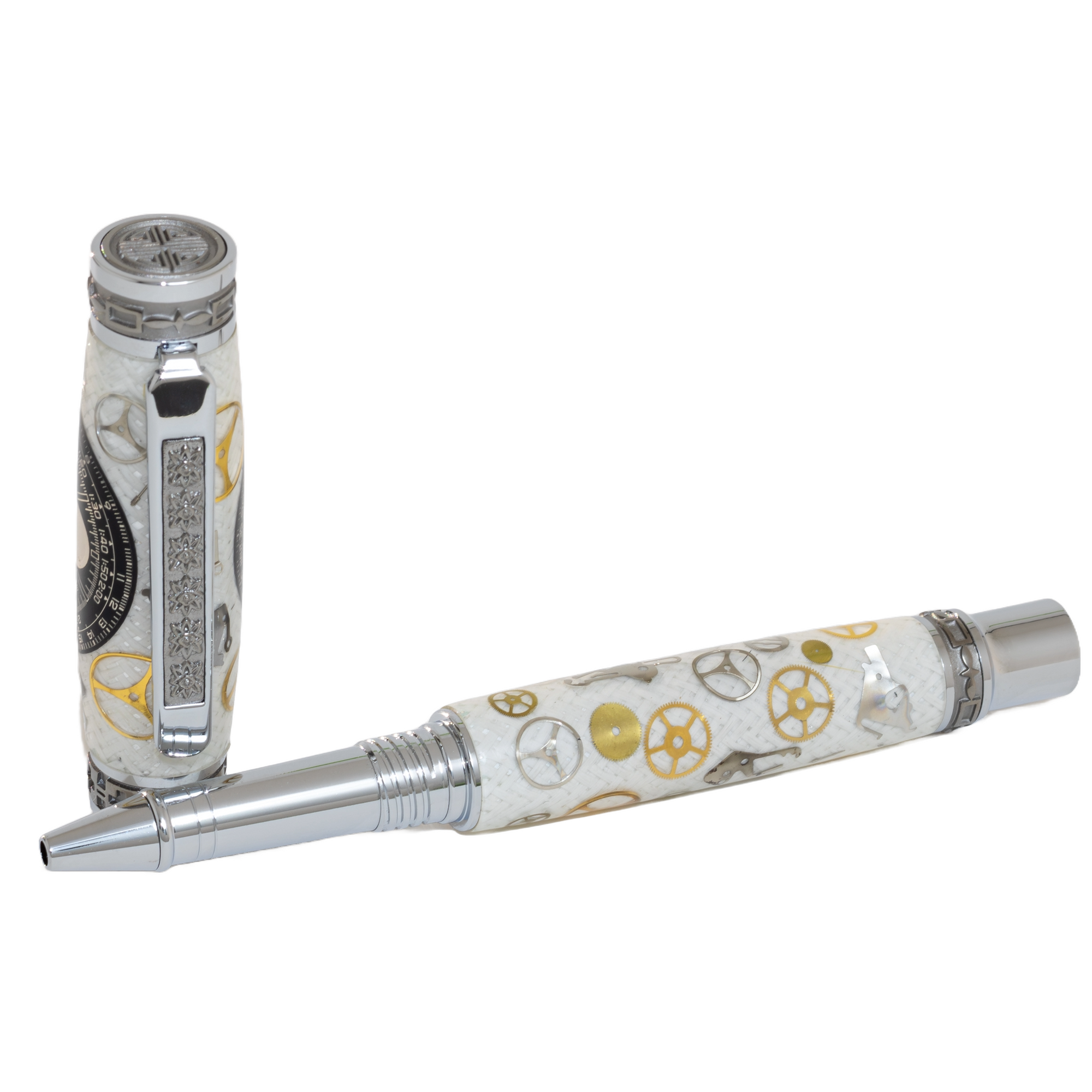 Black Breitling Navitimer Dial Watch Parts Pen on White Carbon Fiber on our Presidential Rollerball Pen