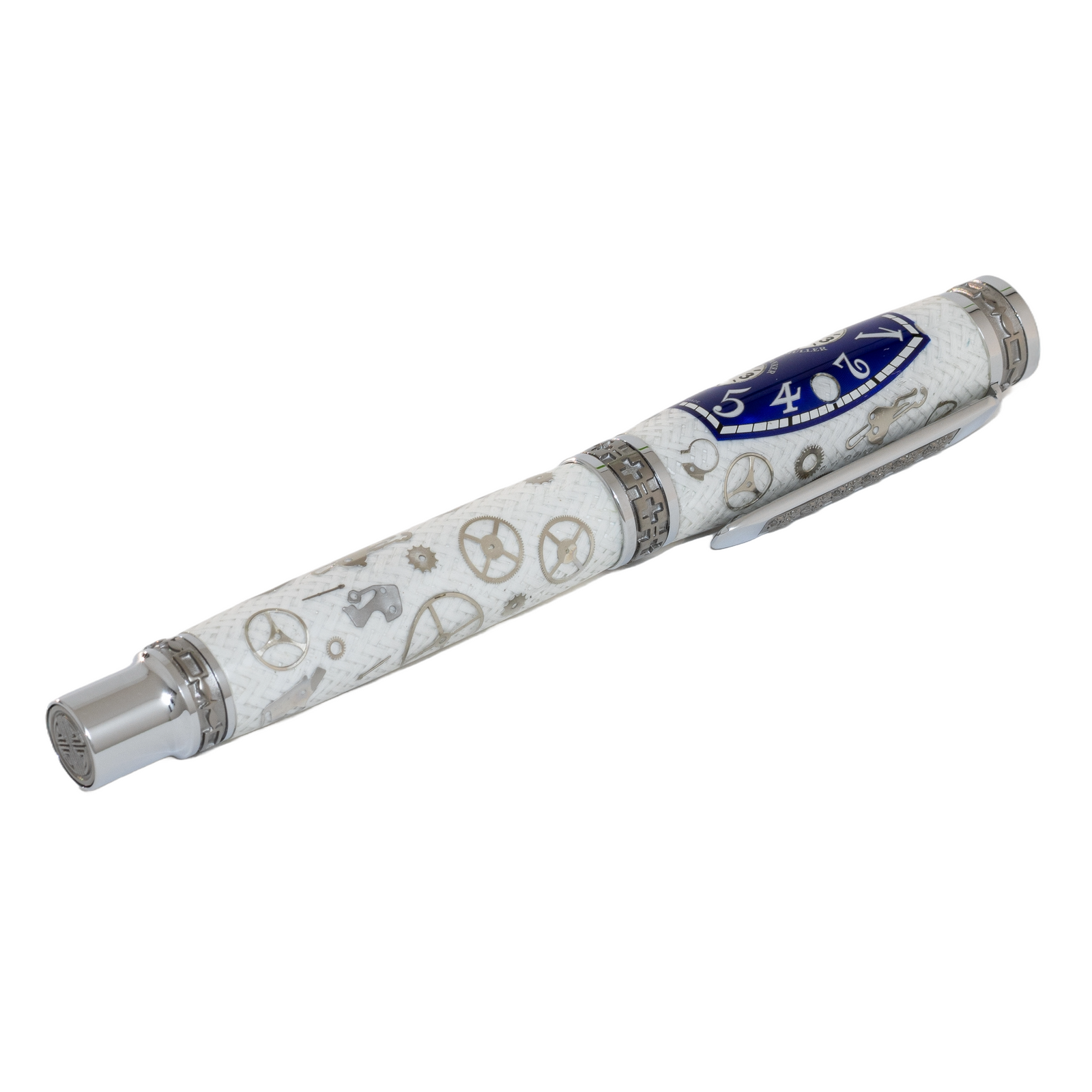 Blue Franck Muller Master Banker Dial Watch Parts Pen on White Carbon Fiber on our Presidential Rollerball Pen