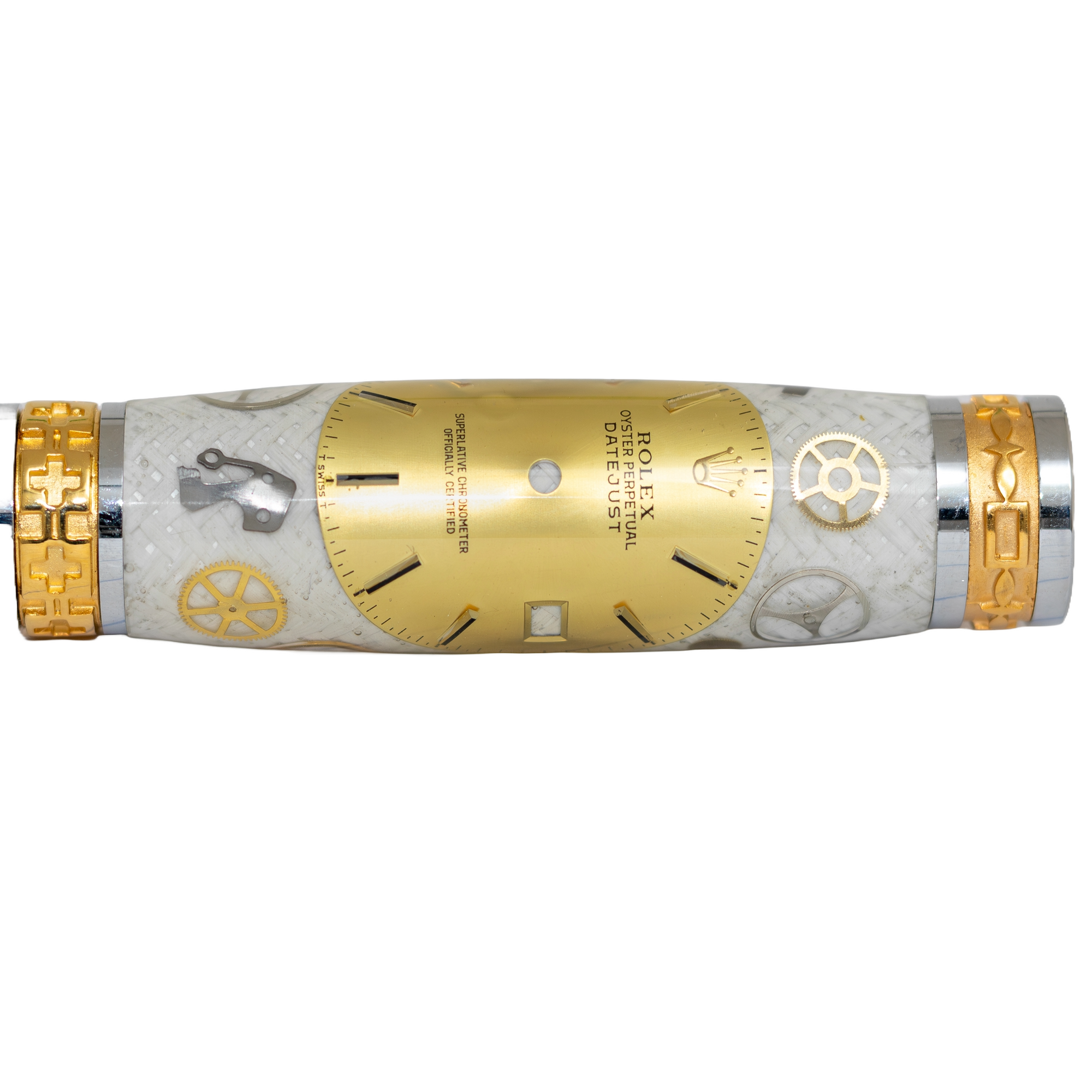 Rolex Watch Parts Pen on White Carbon Fiber on our Presidential Rollerball Pen
