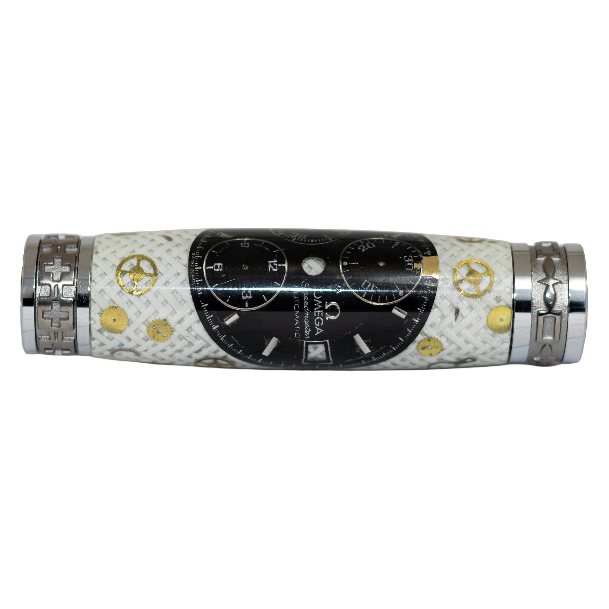 Black Omega Dial Watch Parts Pen on White Carbon Fiber on our Presidential Rollerball Pen