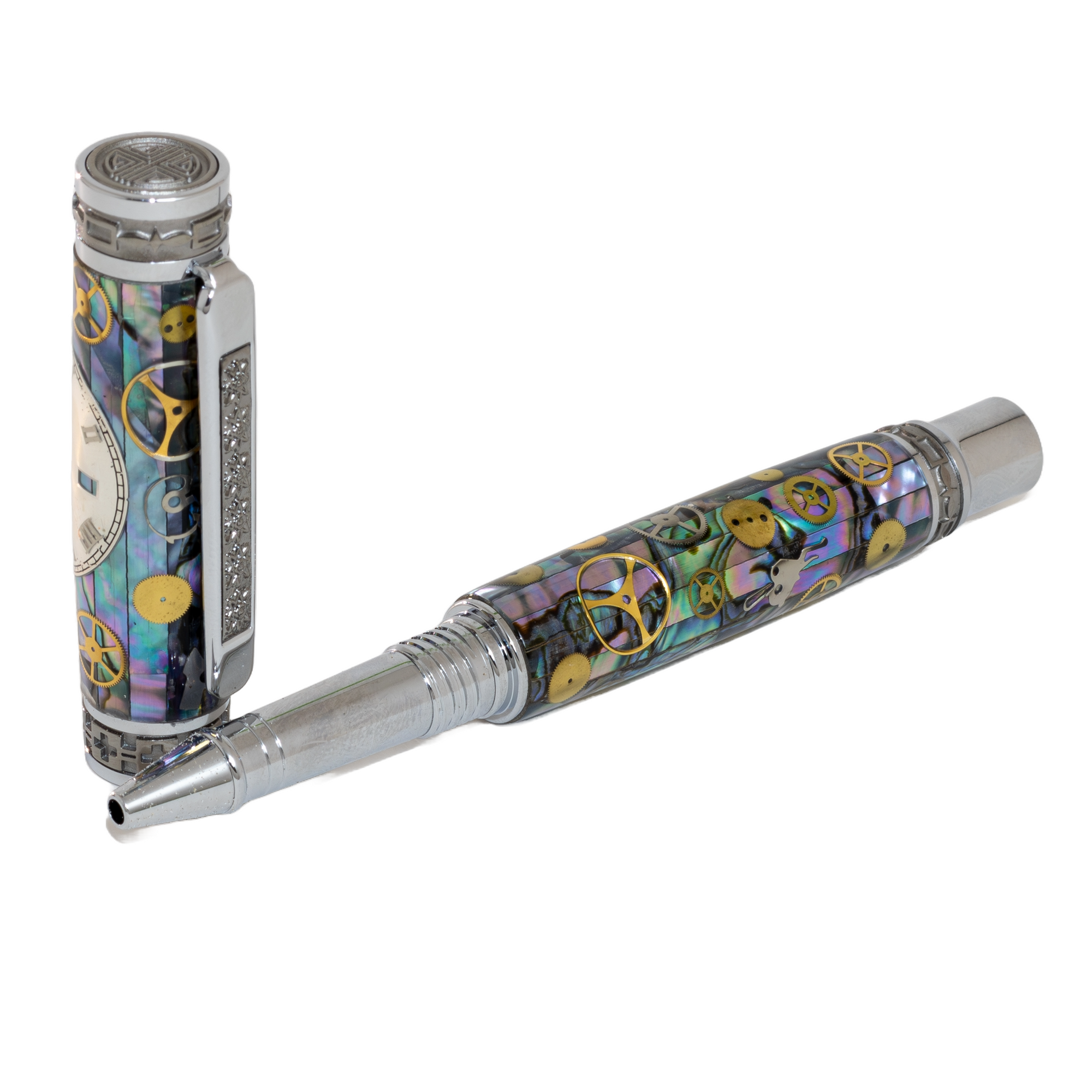 Rolex Watch Parts Pen on Natural Paua Abalone on our Presidential Rollerball Pen