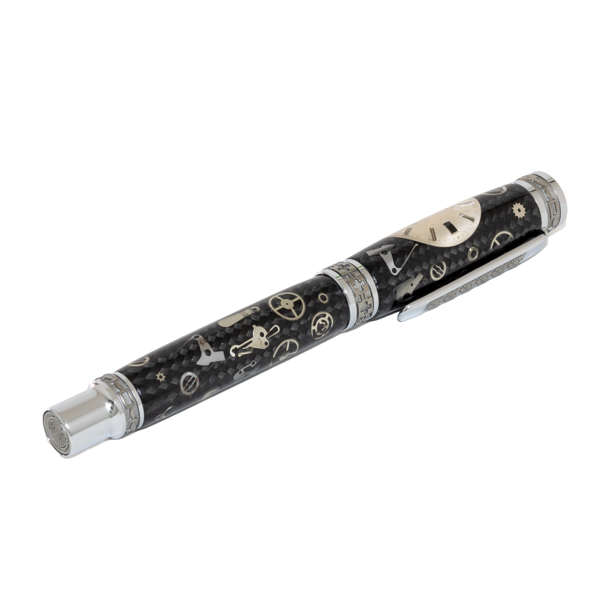 Silver Rolex Dial Watch Parts Pen on Black Carbon Fiber on our Presidential Rollerball Pen