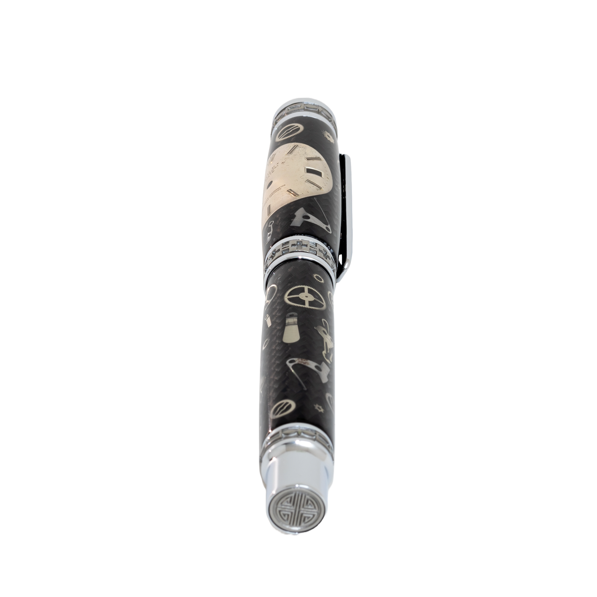 Silver Rolex Dial Watch Parts Pen on Black Carbon Fiber on our Presidential Rollerball Pen