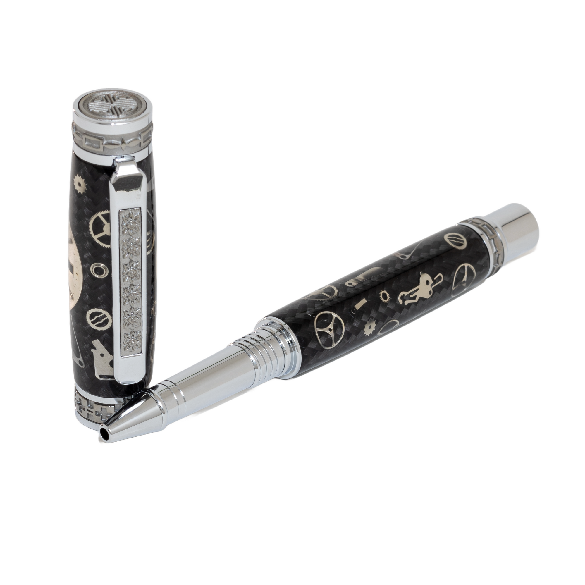 Silver Rolex Dial Watch Parts Pen on Black Carbon Fiber on our Presidential Rollerball Pen