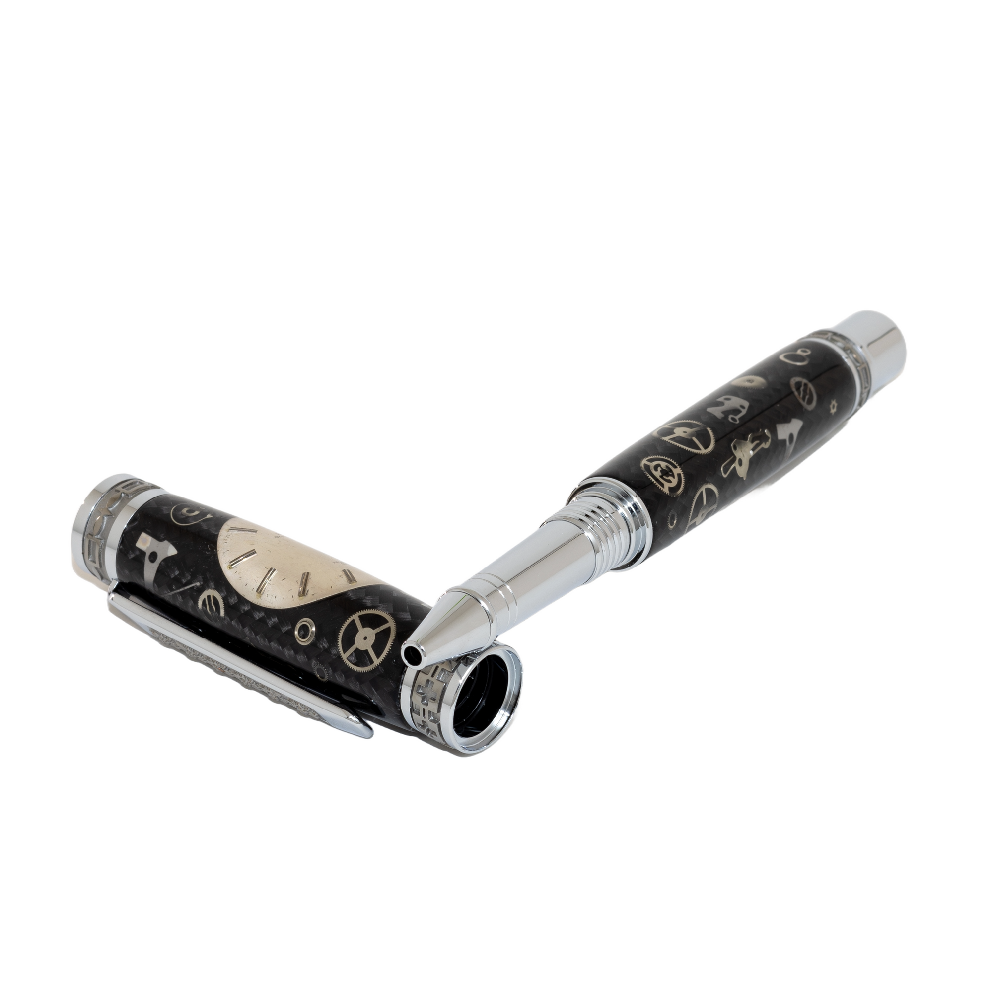 Silver Rolex Dial Watch Parts Pen on Black Carbon Fiber on our Presidential Rollerball Pen