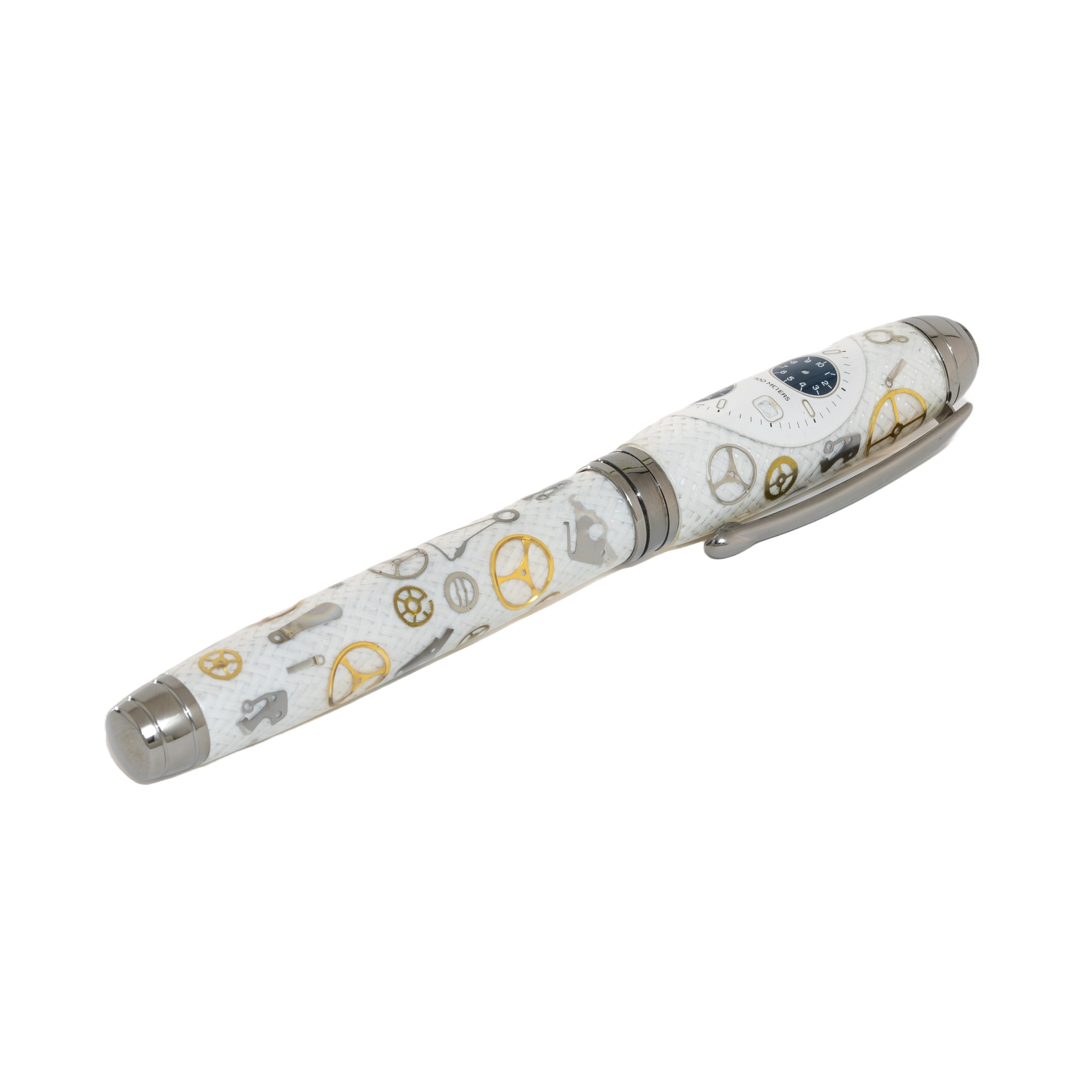 Tag Heuer Watch Parts Pen on White Carbon Fiber on our Marquis Rollerball Pen