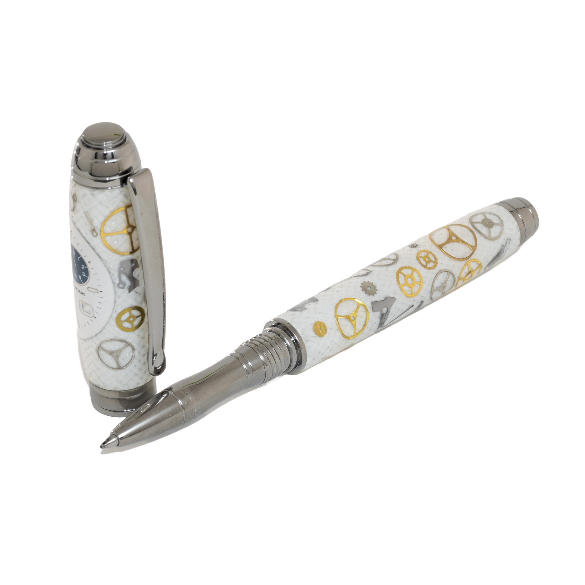 Tag Heuer Watch Parts Pen on White Carbon Fiber on our Marquis Rollerball Pen