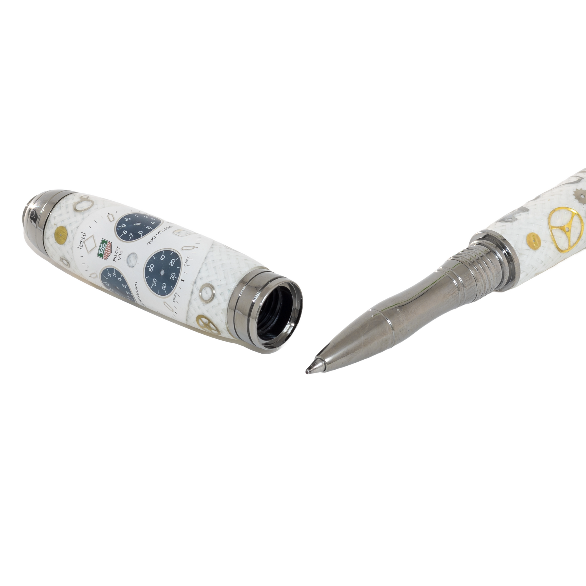 Tag Heuer Watch Parts Pen on White Carbon Fiber on our Marquis Rollerball Pen