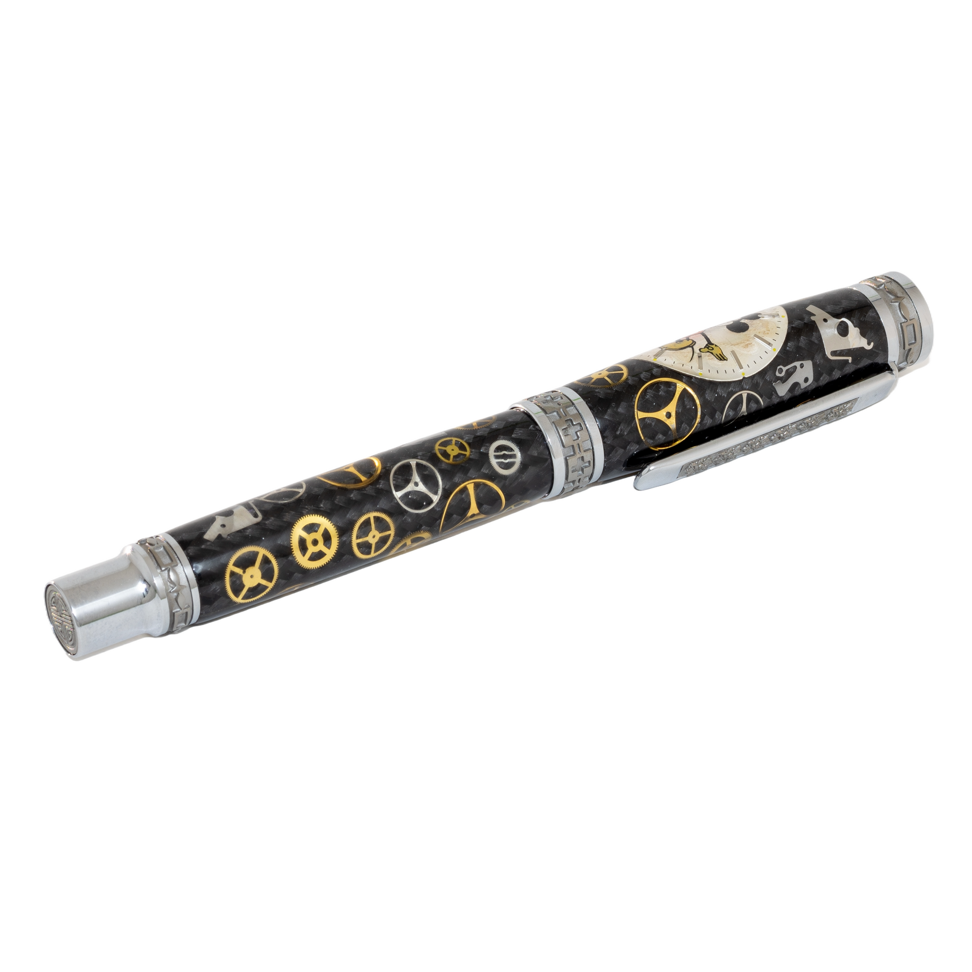 Rolex Mickey Watch Parts Pen on Black Carbon Fiber on our Presidential Rollerball Pen
