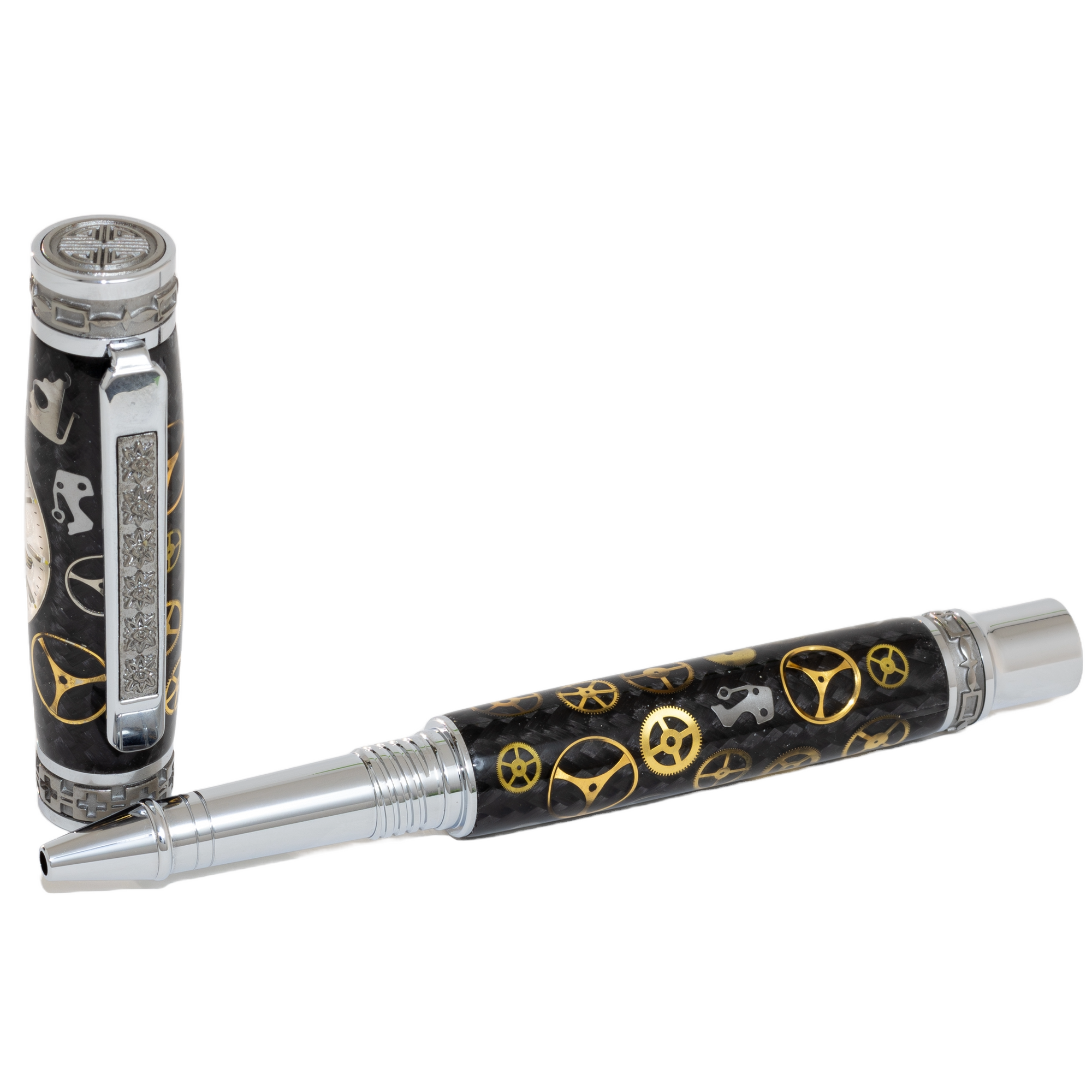 Rolex Mickey Watch Parts Pen on Black Carbon Fiber on our Presidential Rollerball Pen