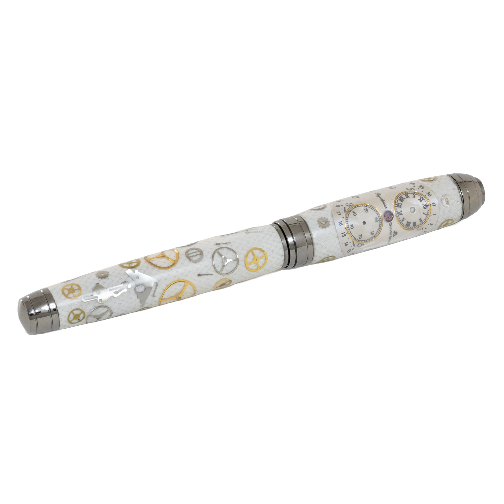 Maurice Lacroix Watch Parts Pen on White Carbon Fiber on our Marquis Rollerball Pen