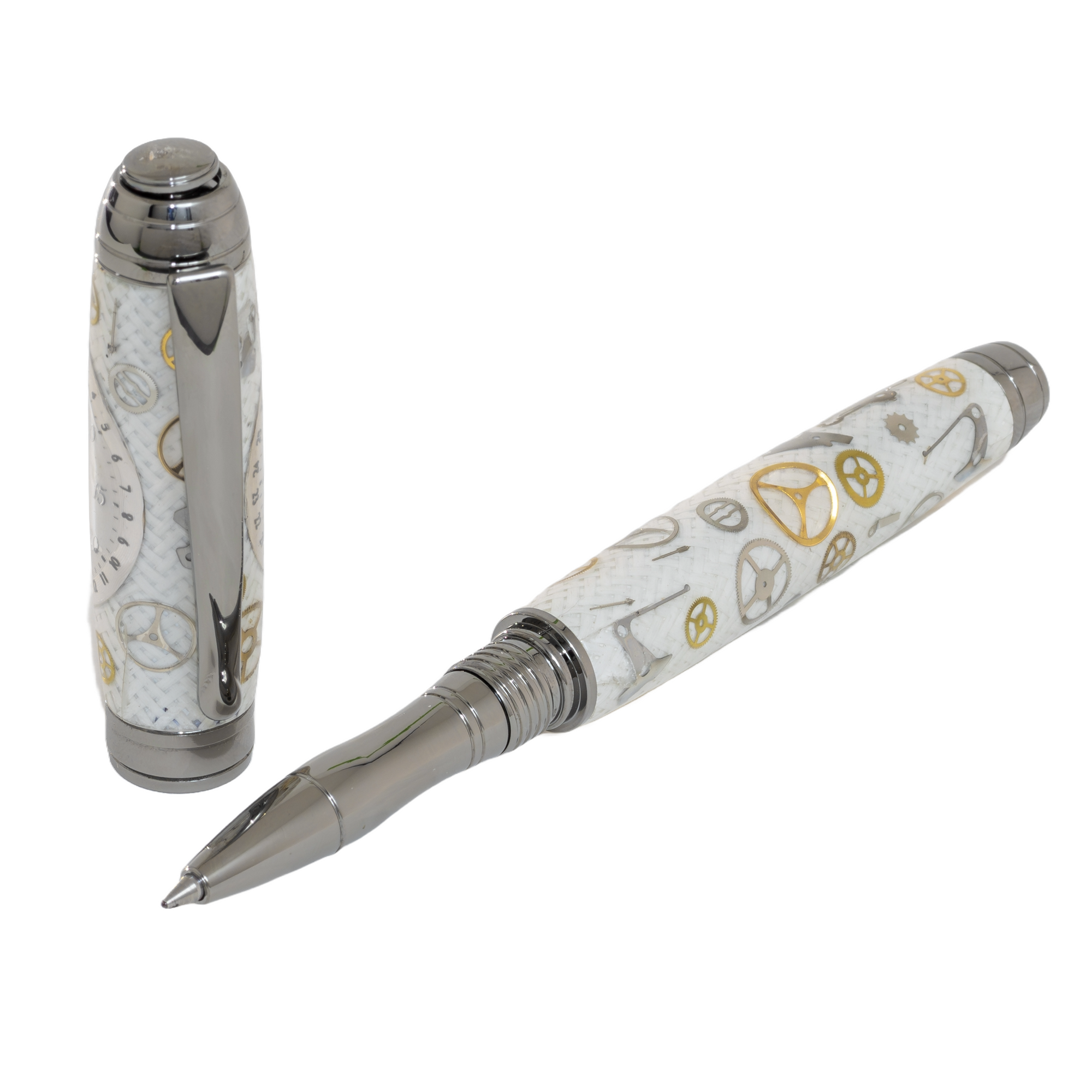 Maurice Lacroix Watch Parts Pen on White Carbon Fiber on our Marquis Rollerball Pen