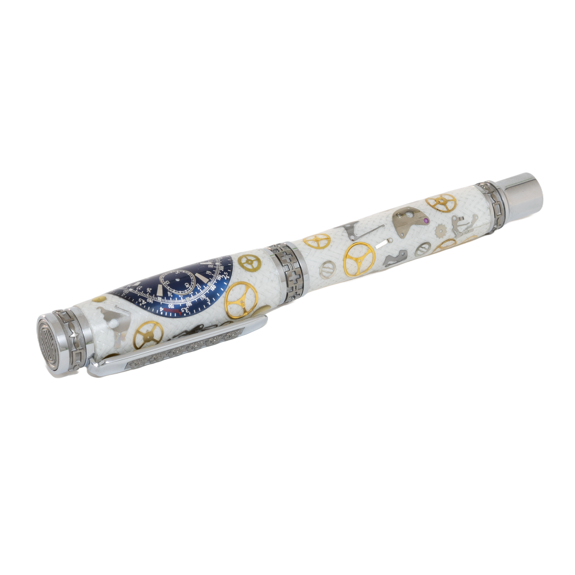 Blue Breitling Dial Watch Parts Pen on White Carbon Fiber on our Presidential Rollerball Pen