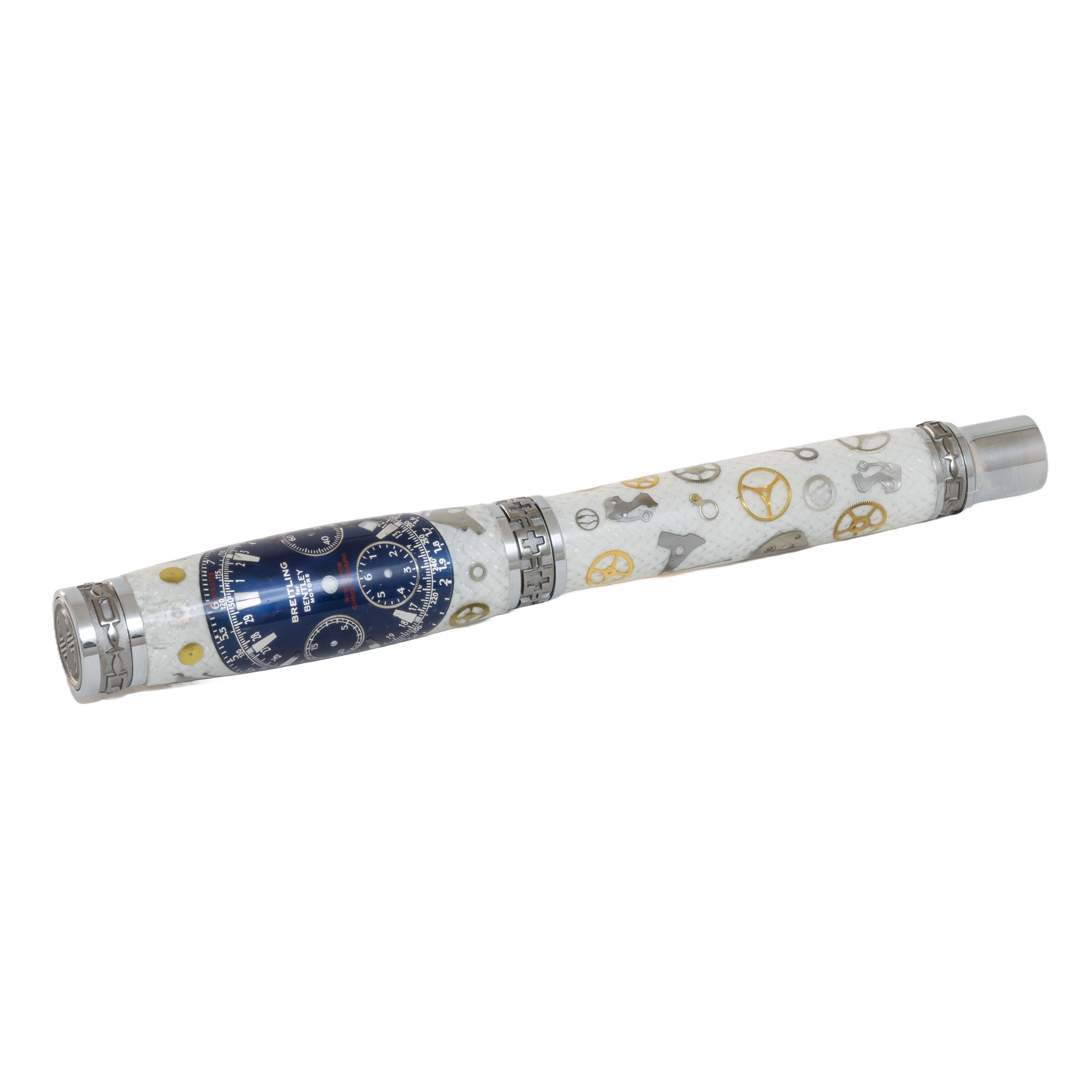 Blue Breitling Dial Watch Parts Pen on White Carbon Fiber on our Presidential Rollerball Pen