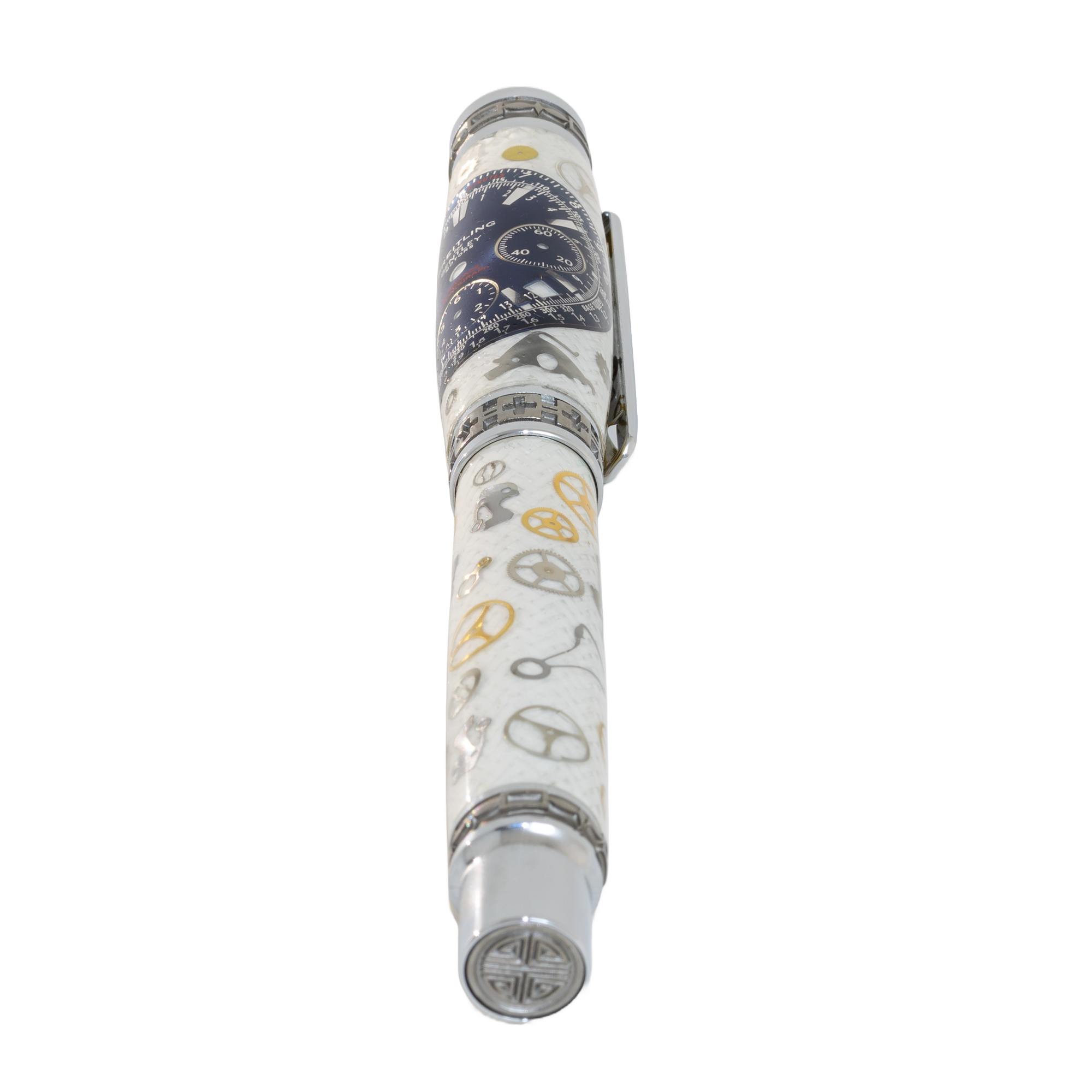 Blue Breitling Dial Watch Parts Pen on White Carbon Fiber on our Presidential Rollerball Pen