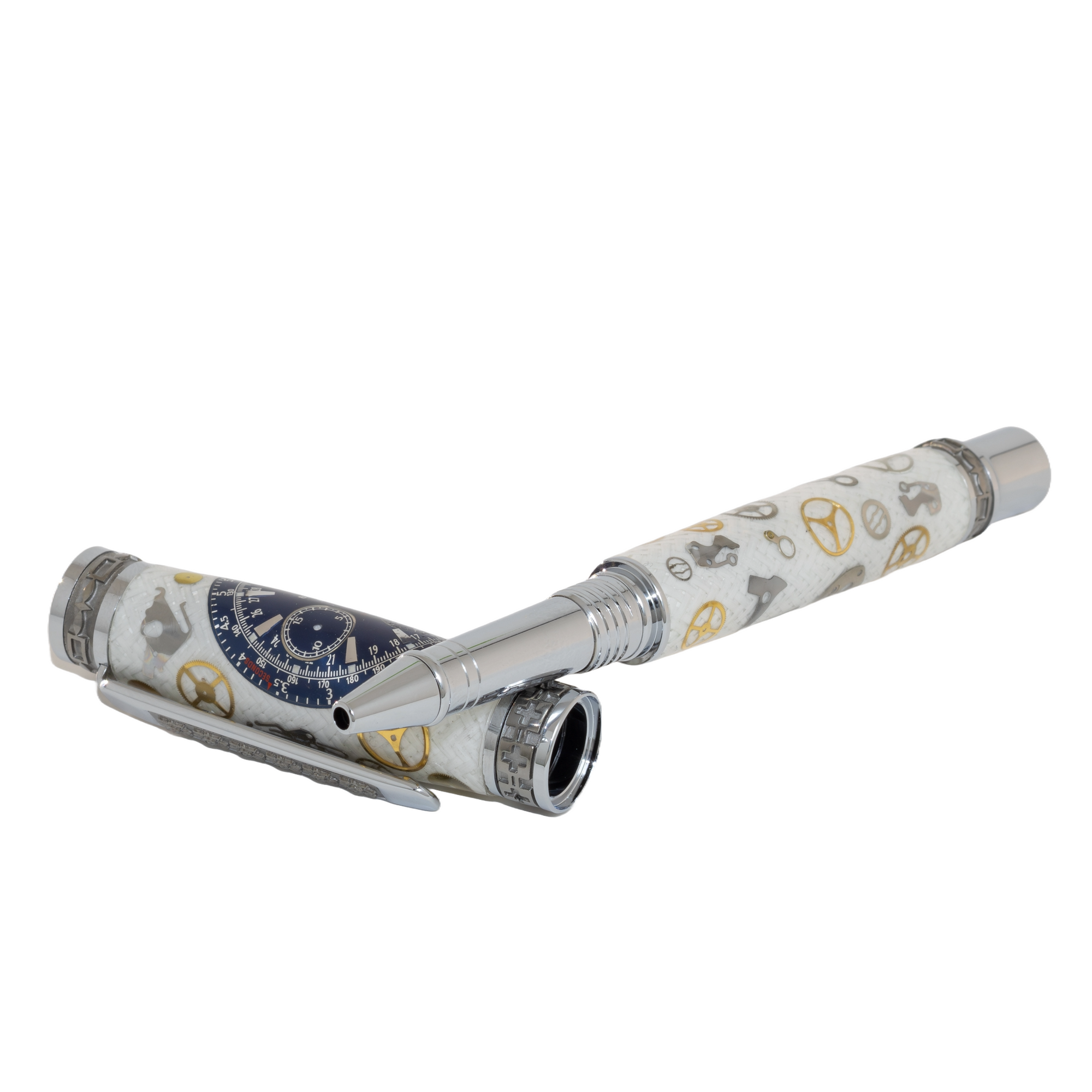 Blue Breitling Dial Watch Parts Pen on White Carbon Fiber on our Presidential Rollerball Pen