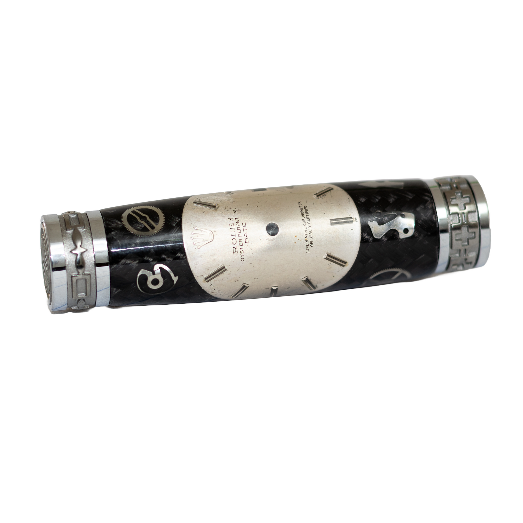 Silver Rolex Dial Watch Parts Pen on Black Carbon Fiber on our Presidential Rollerball Pen