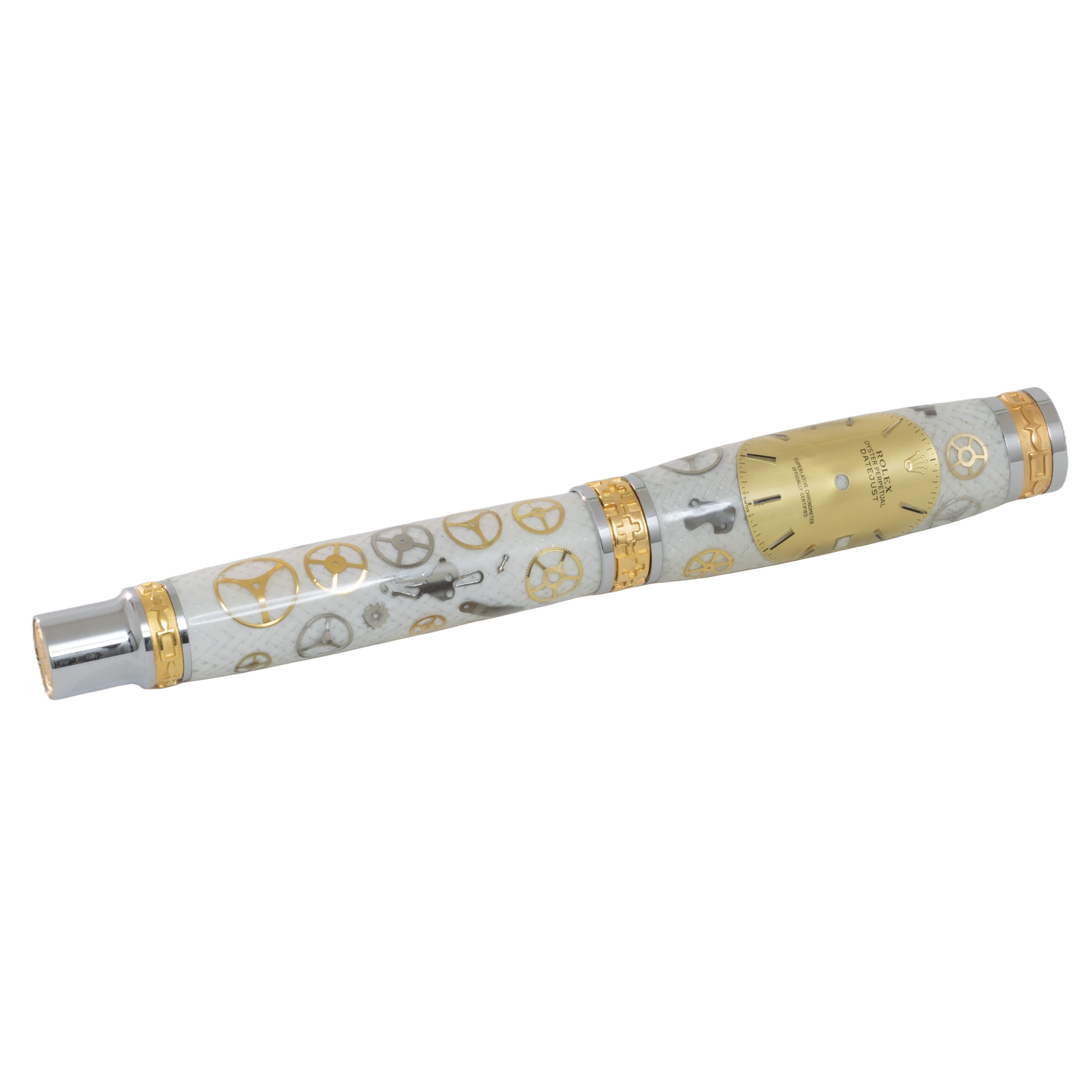 Rolex Watch Parts Pen on White Carbon Fiber on our Presidential Rollerball Pen